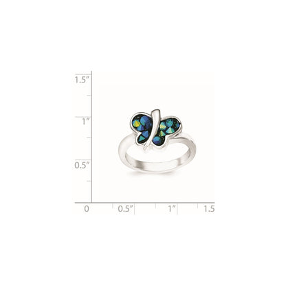 Sterling Silver Rhodium Plated Blue Crystal Butterfly Ring