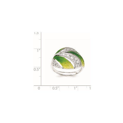 Sterling Silver Green And Yellow Enamel Leaf Cz Ring