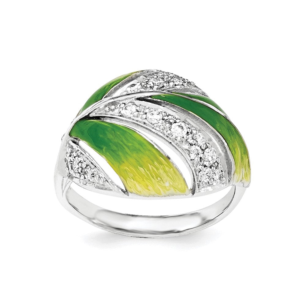 Sterling Silver Green And Yellow Enamel Leaf Cz Ring