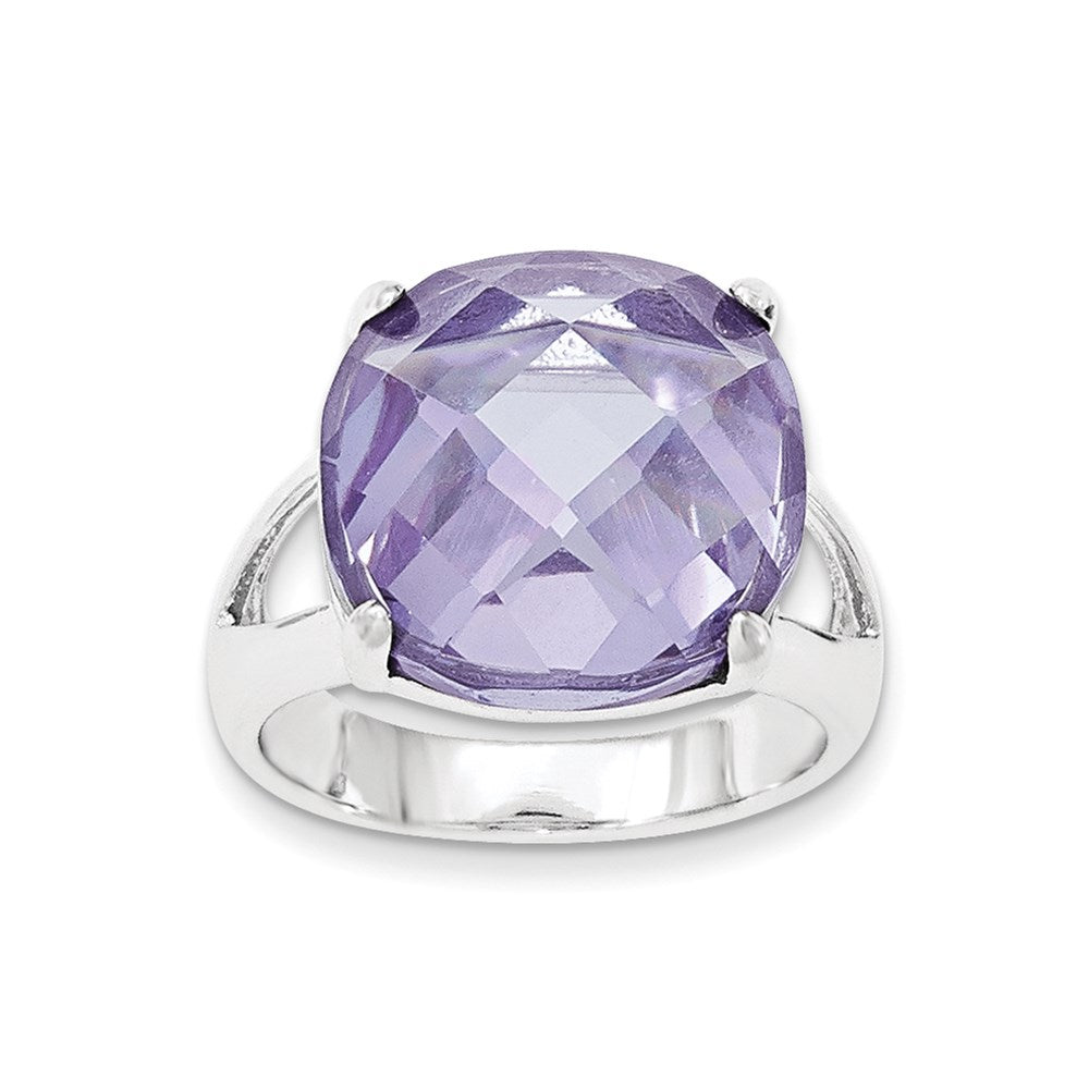 Sterling Silver Lavender Cz Checkerboard Cut Cushion Ring