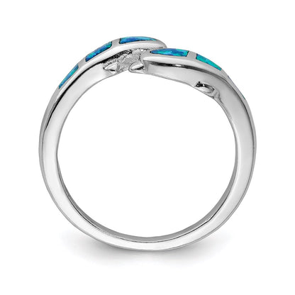 Sterling Silver Rhodium Plated Created Blue Opal Dolphins Ring