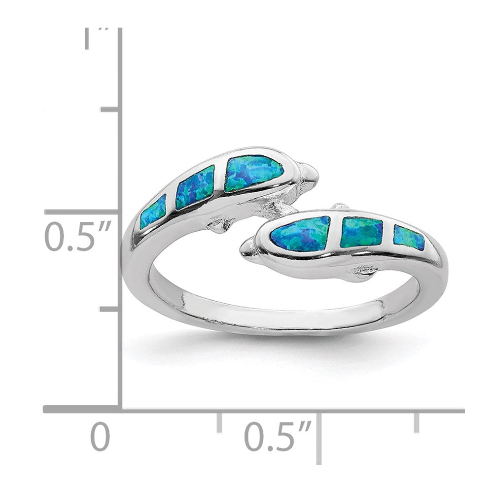 Sterling Silver Rhodium Plated Created Blue Opal Dolphins Ring