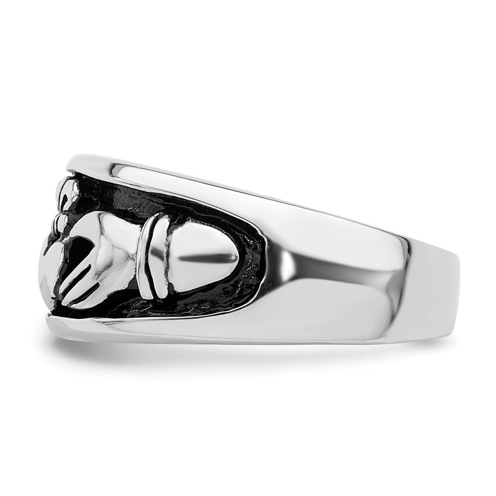 Sterling Silver Rhodium Plated Antiqued Claddagh Ring