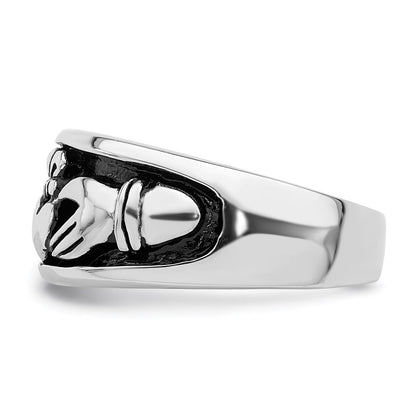Sterling Silver Rhodium Plated Antiqued Claddagh Ring