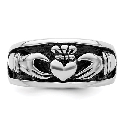 Sterling Silver Rhodium Plated Antiqued Claddagh Ring