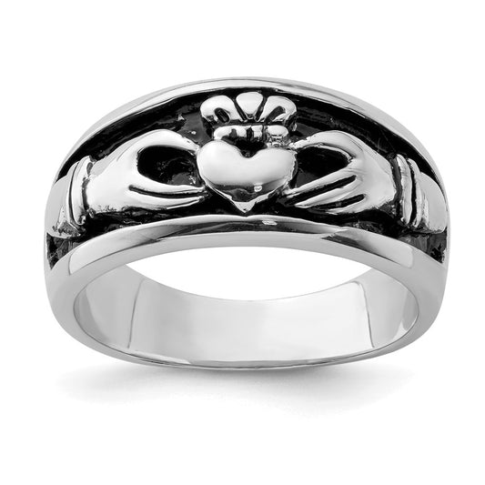 Sterling Silver Rhodium Plated Antiqued Claddagh Ring