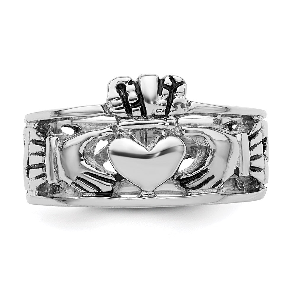 Sterling Silver Rhodium Plated And Antiqued Claddagh Ring