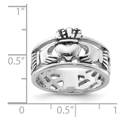 Sterling Silver Rhodium Plated And Antiqued Claddagh Ring