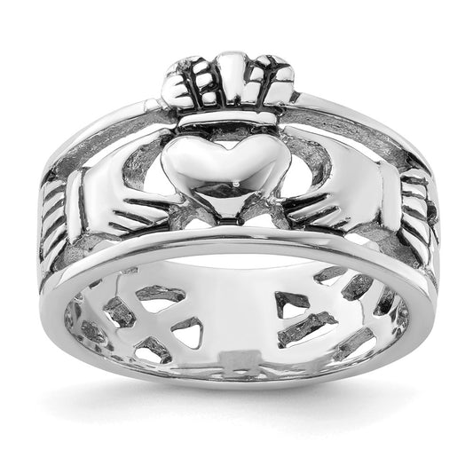 Sterling Silver Rhodium Plated And Antiqued Claddagh Ring