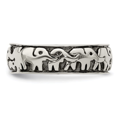 Sterling Silver Polished And Antiqued Elephants Ring