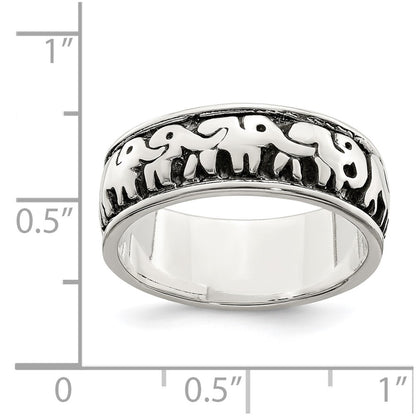 Sterling Silver Polished And Antiqued Elephants Ring