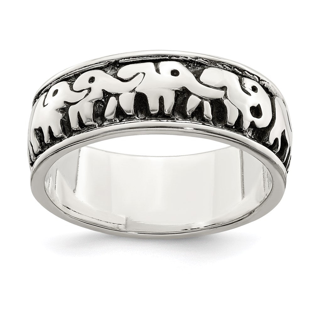 Sterling Silver Polished And Antiqued Elephants Ring