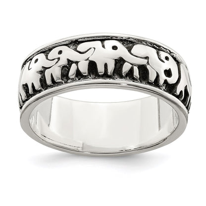 Sterling Silver Polished And Antiqued Elephants Ring
