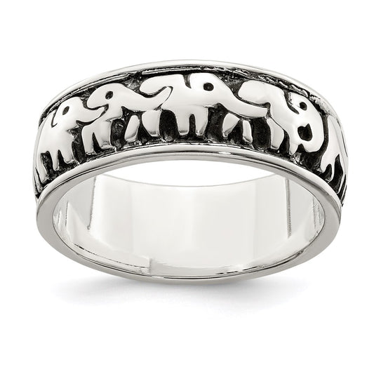 Sterling Silver Polished And Antiqued Elephants Ring