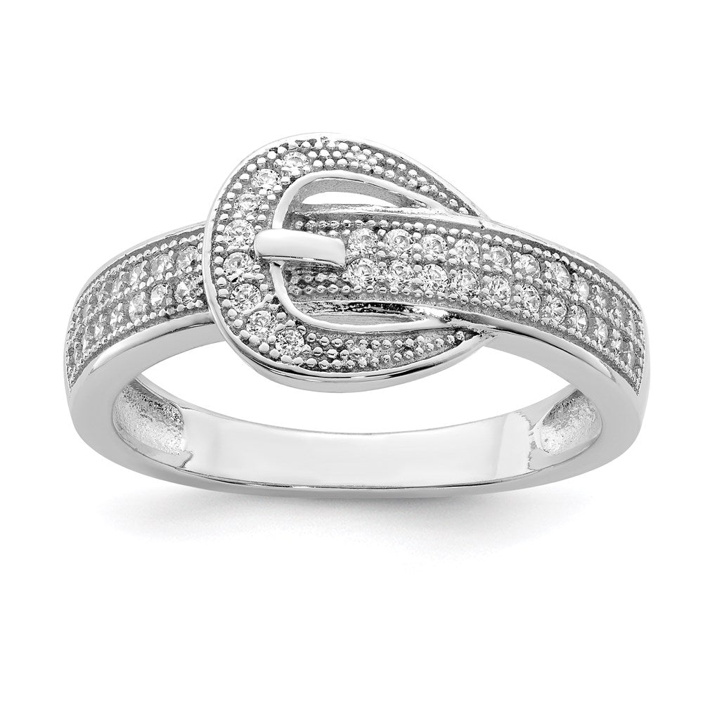 Sterling Silver Rhodium Plated Cz Buckle Ring