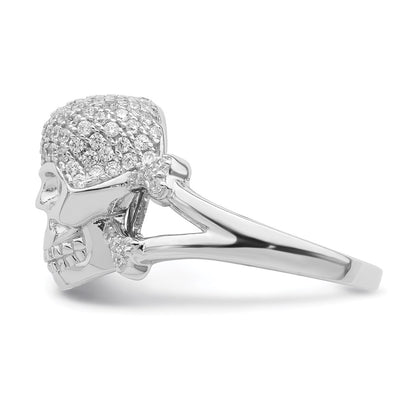 Sterling Silver Rhodium Plated And Cz Skull Ring