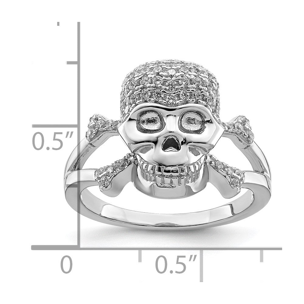 Sterling Silver Rhodium Plated And Cz Skull Ring