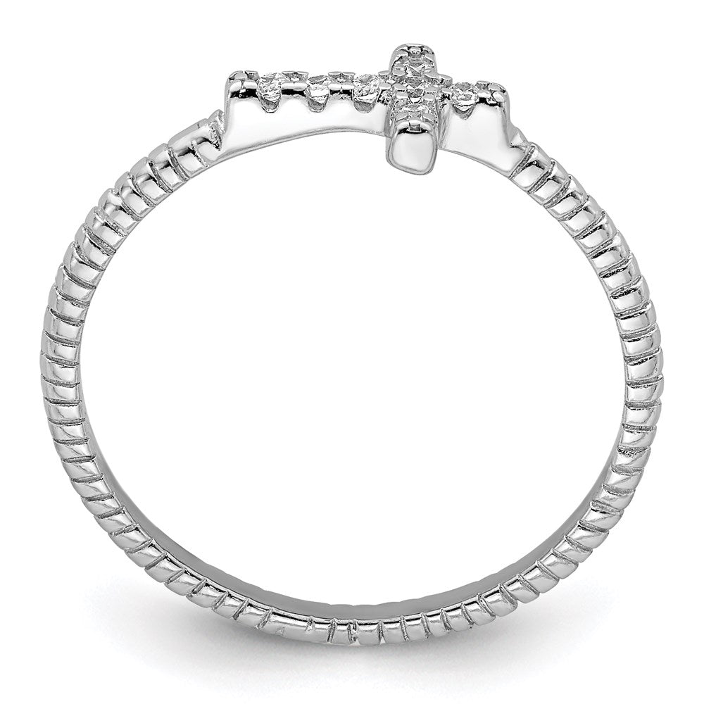 Sterling Silver Rhodium Plated Polished & Textured Cz Cross Ring