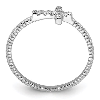 Sterling Silver Rhodium Plated Polished & Textured Cz Cross Ring