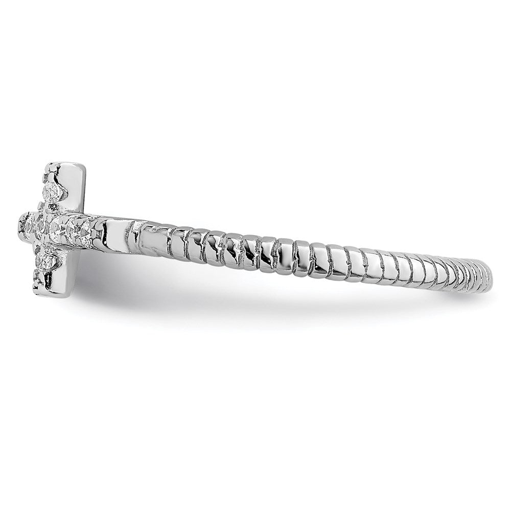 Sterling Silver Rhodium Plated Polished & Textured Cz Cross Ring