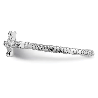 Sterling Silver Rhodium Plated Polished & Textured Cz Cross Ring