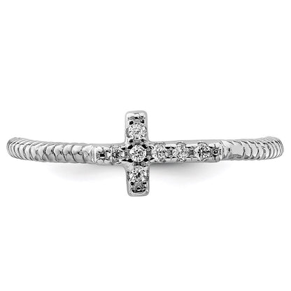 Sterling Silver Rhodium Plated Polished & Textured Cz Cross Ring