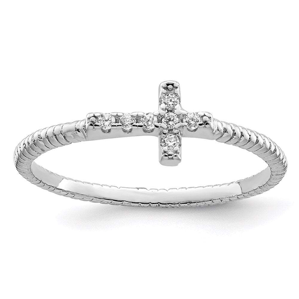 Sterling Silver Rhodium Plated Polished & Textured Cz Cross Ring