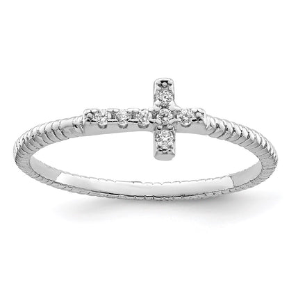 Sterling Silver Rhodium Plated Polished & Textured Cz Cross Ring