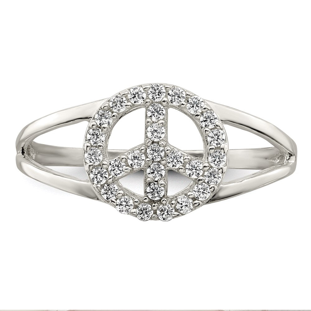Sterling Silver Polished Cz Peace Sign Ring