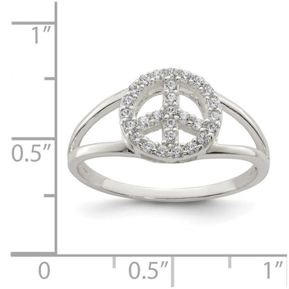 Sterling Silver Polished Cz Peace Sign Ring