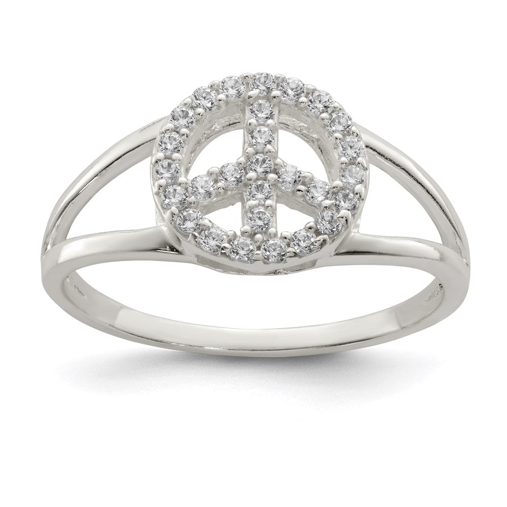 Sterling Silver Polished Cz Peace Sign Ring