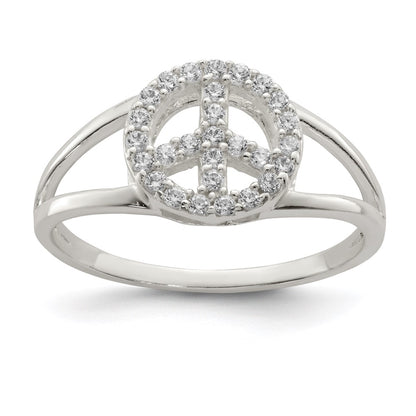 Sterling Silver Polished Cz Peace Sign Ring