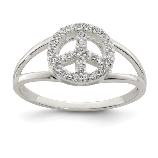 Sterling Silver Polished Cz Peace Sign Ring