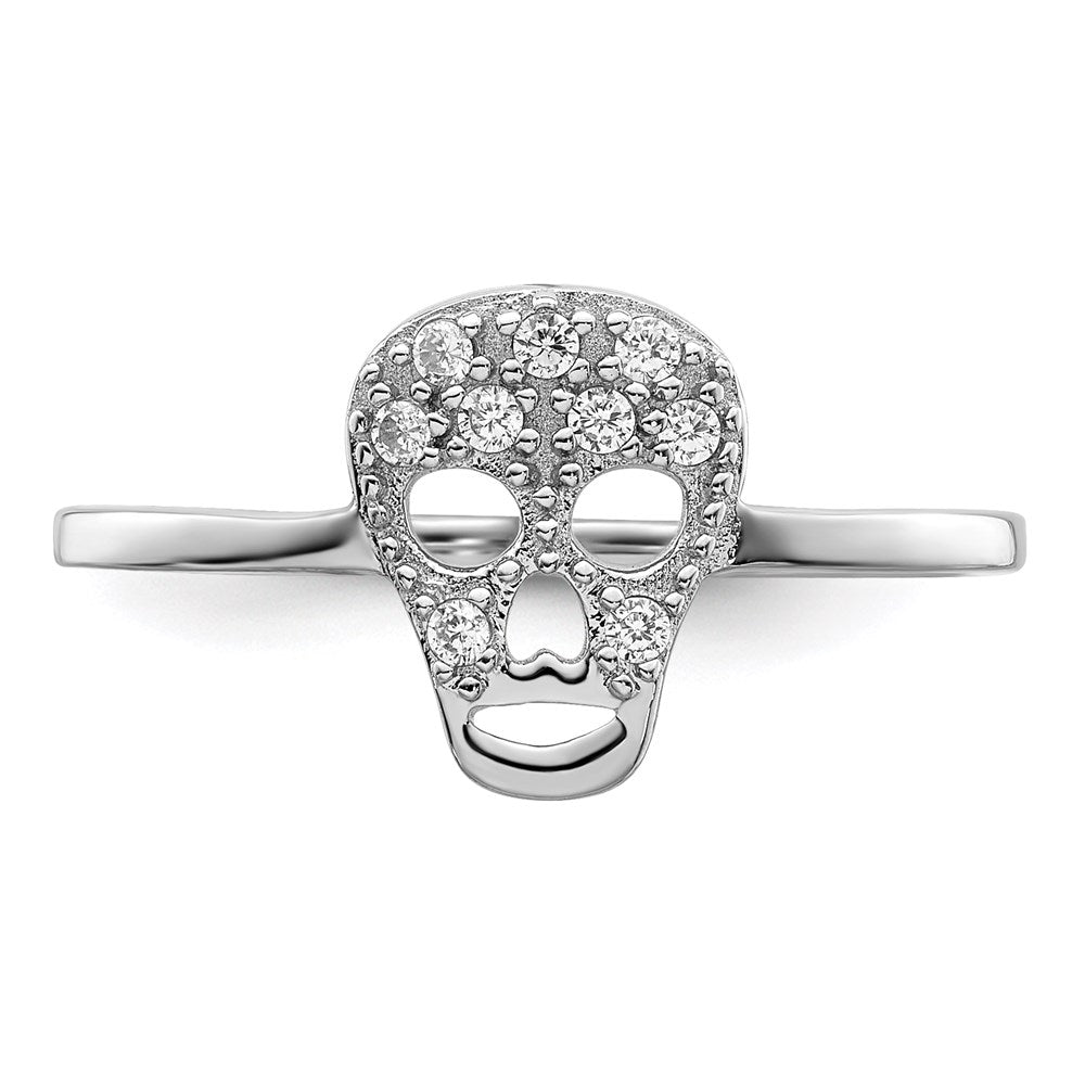 Sterling Silver Rhodium Plated Cz Skull Ring