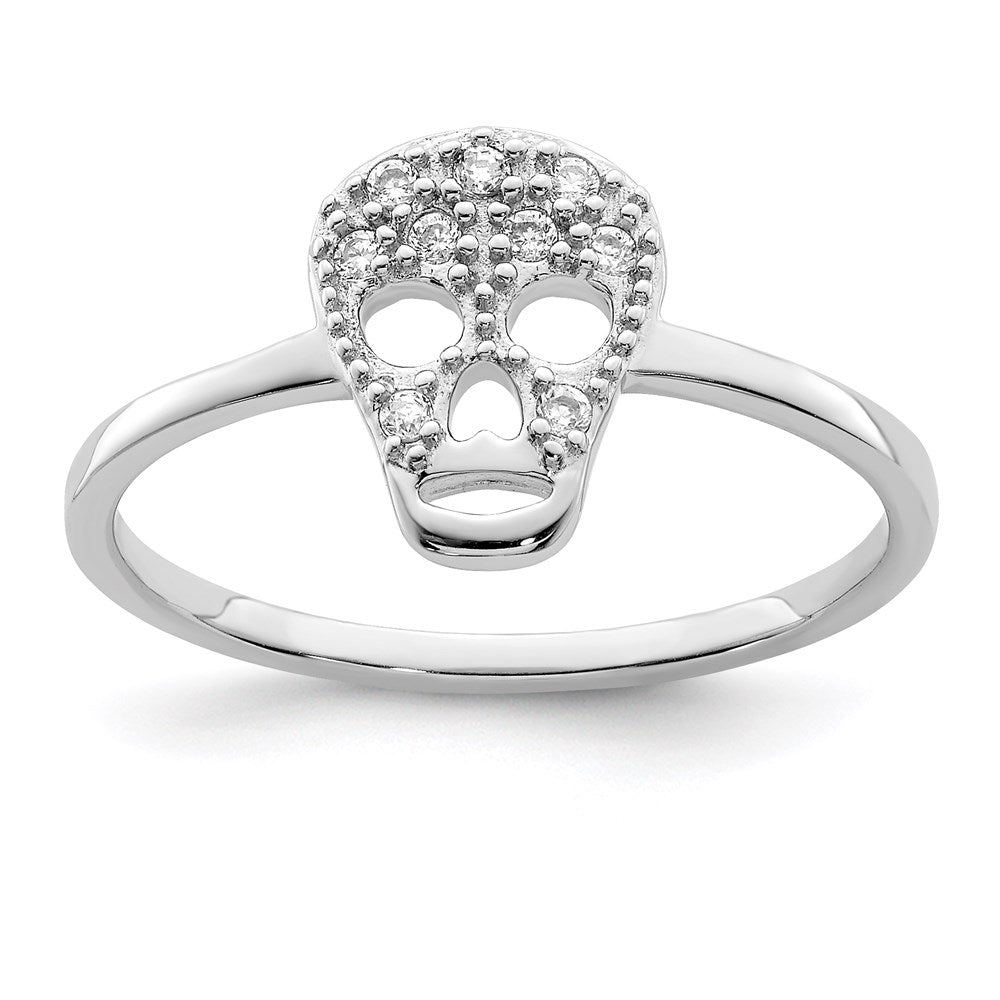 Sterling Silver Rhodium Plated Cz Skull Ring