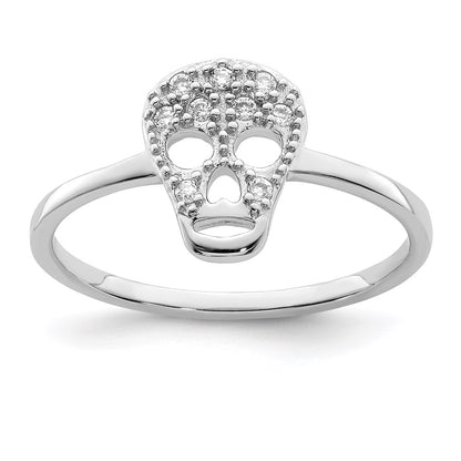Sterling Silver Rhodium Plated Cz Skull Ring