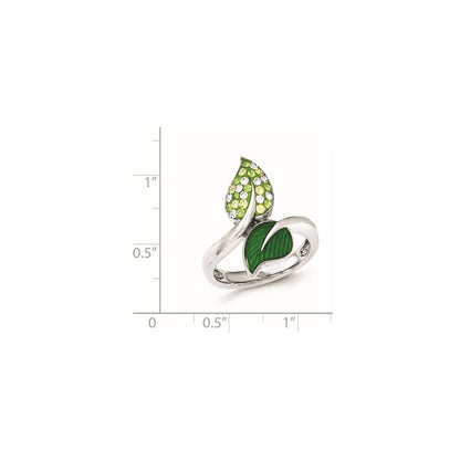 Sterling Silver Preciosa Crystal & Enameled Green Leaves Ring