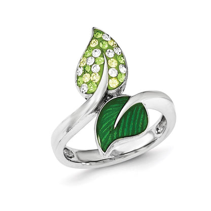 Sterling Silver Preciosa Crystal & Enameled Green Leaves Ring