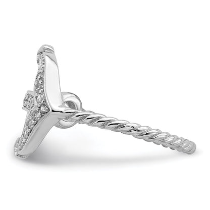Sterling Silver Rhodium Plated Polished And Textured Cz Anchor Ring