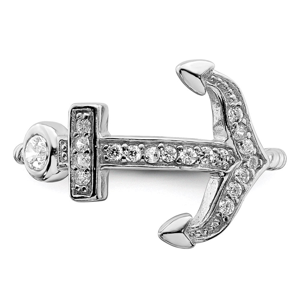 Sterling Silver Rhodium Plated Polished And Textured Cz Anchor Ring