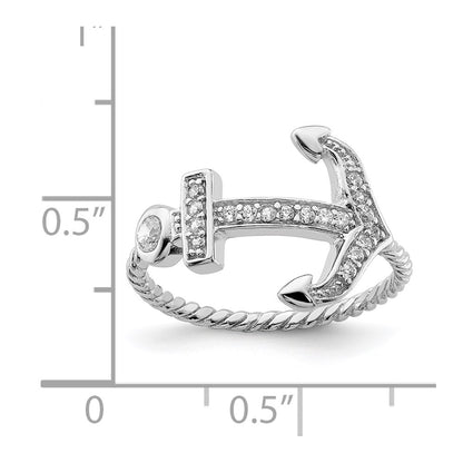 Sterling Silver Rhodium Plated Polished And Textured Cz Anchor Ring