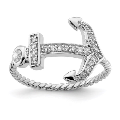 Sterling Silver Rhodium Plated Polished And Textured Cz Anchor Ring