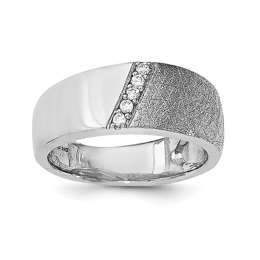 Sterling Silver Polished & Textured Cz Ring