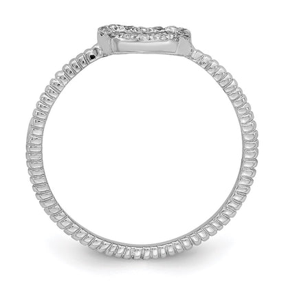 Sterling Silver Rhodium Plated Polished & Textured Cz Heart Ring