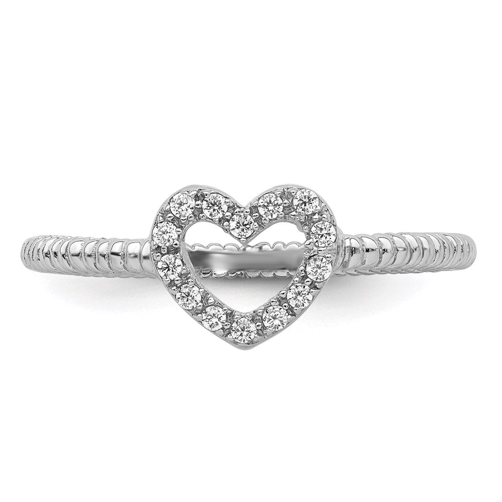 Sterling Silver Rhodium Plated Polished & Textured Cz Heart Ring