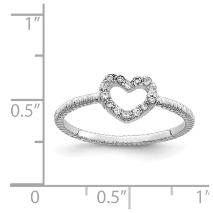 Sterling Silver Rhodium Plated Polished & Textured Cz Heart Ring