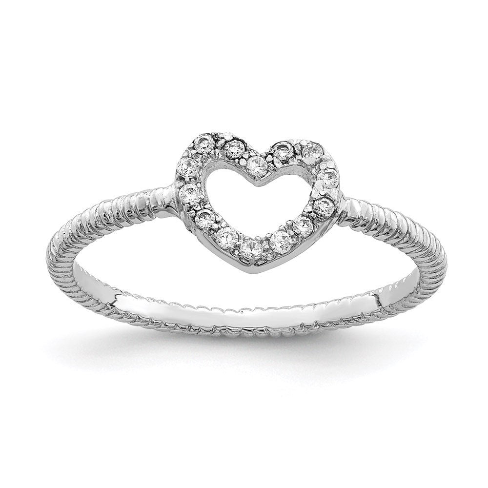 Sterling Silver Rhodium Plated Polished & Textured Cz Heart Ring