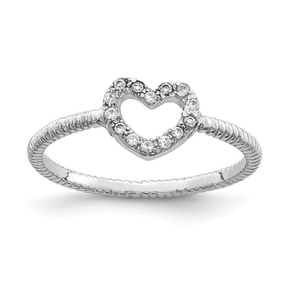 Sterling Silver Rhodium Plated Polished & Textured Cz Heart Ring