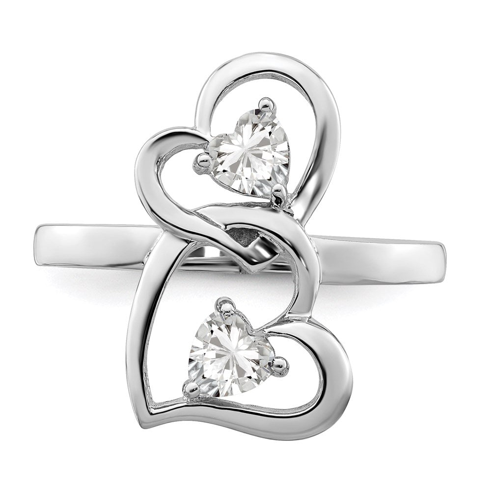 Sterling Silver Rhodium Plated Cz Double Heart Ring