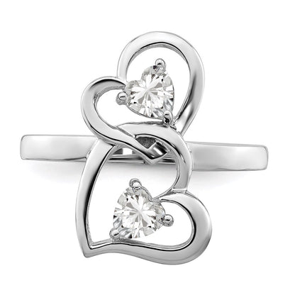 Sterling Silver Rhodium Plated Cz Double Heart Ring